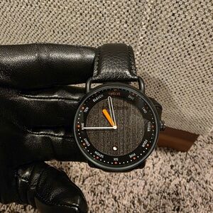 Black Leather Strap Watch with Orange Hand